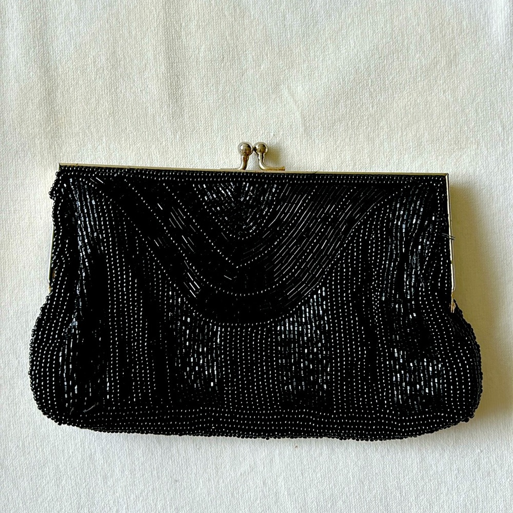Black beaded clutch evening bag.